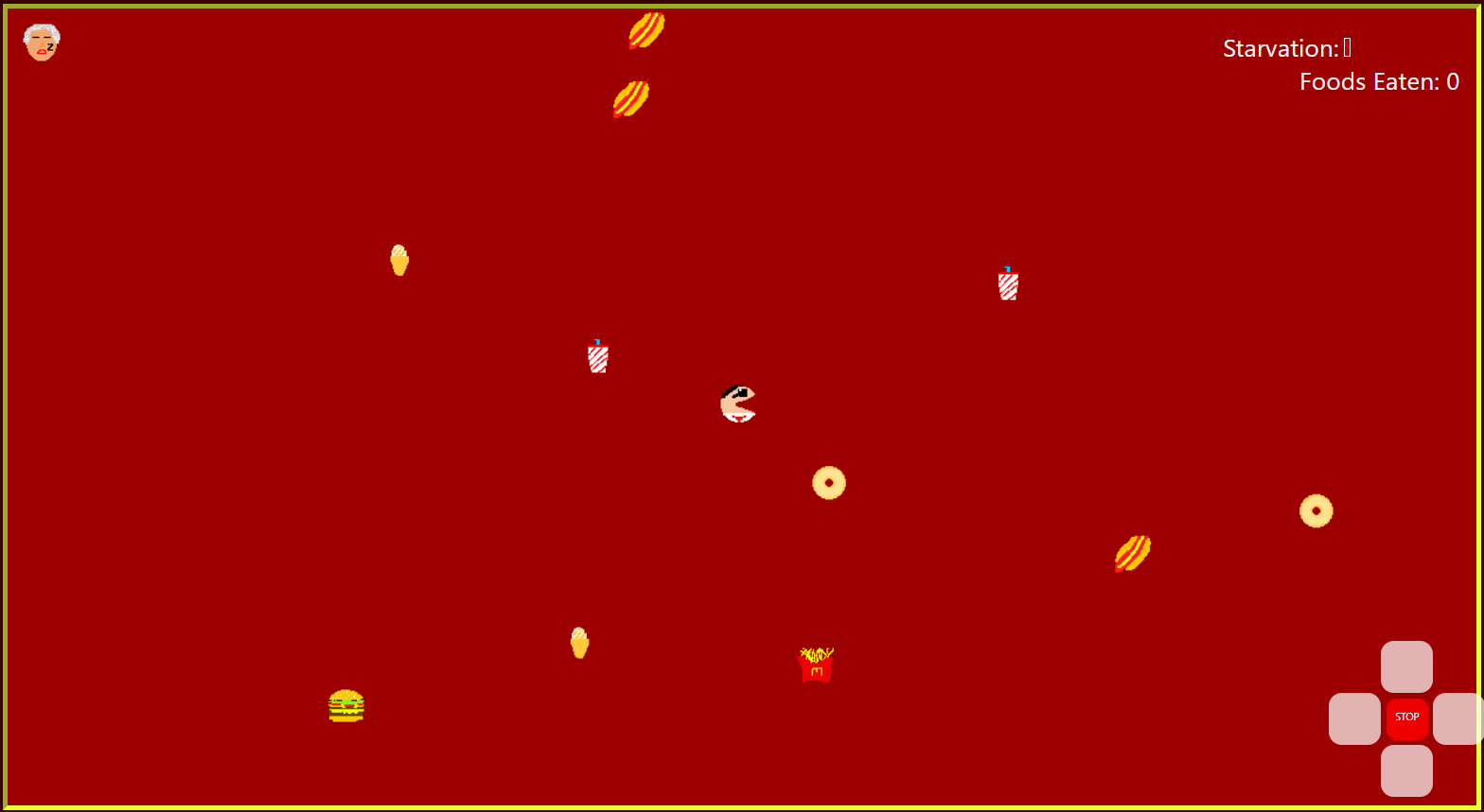 Food-Man standing by in the game with foods spawned while grandma is sleeping on a red background screen. Starvation bar is low.
