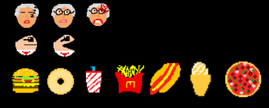 My sprites artwork on a black background. Top row consists of grandma, middle row consist of Food-Man character and bottom row consists of foods (hamburger, donut, drink, fries, hotdog, icecream, pizza)